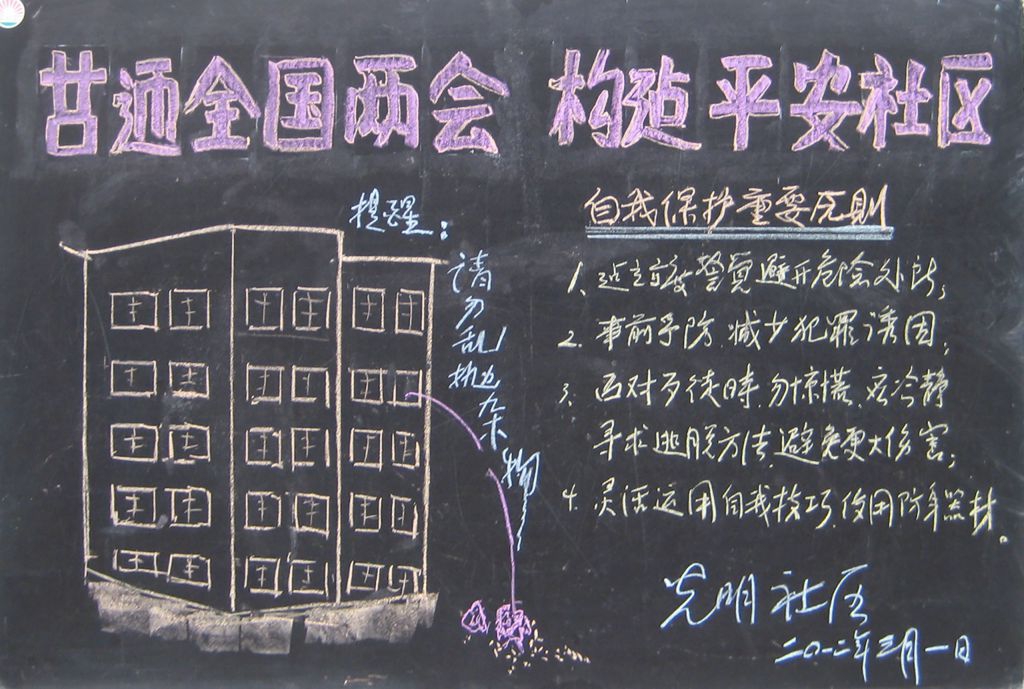 喜迎全国两会构建平安社区黑板报