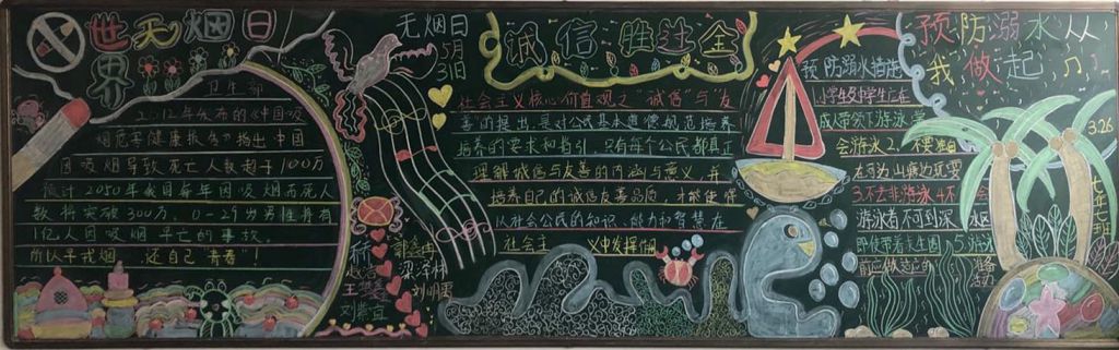 2022五月主题黑板报，世界无烟日，诚信胜过金，预防溺水