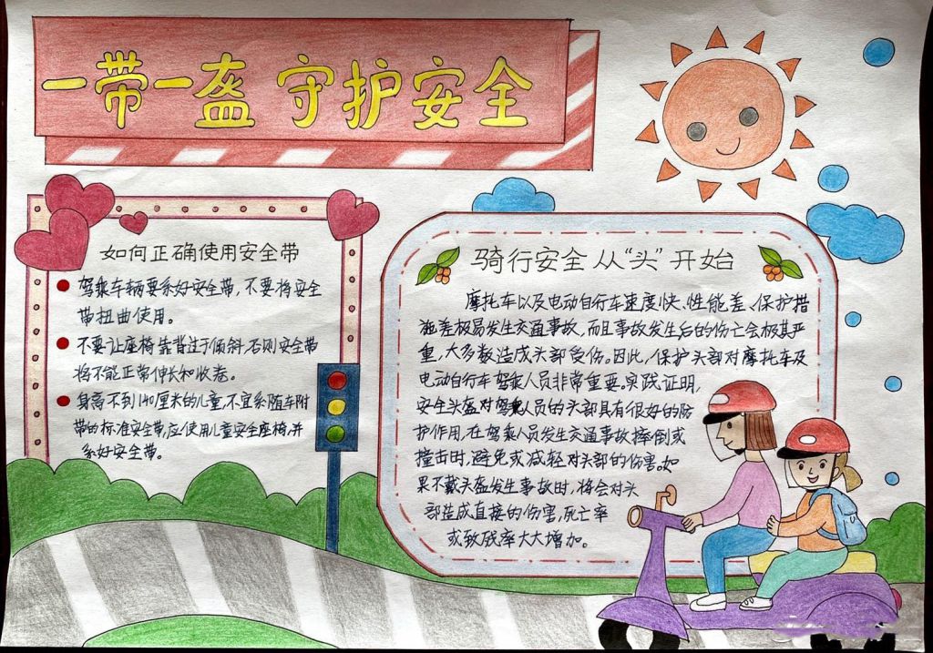 一盔一带守护安全手抄报图片，幸“盔”有你安全出行记心间