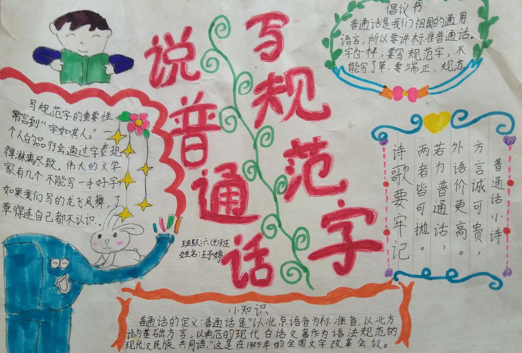 讲普通话写规范字手抄报，六年级学生