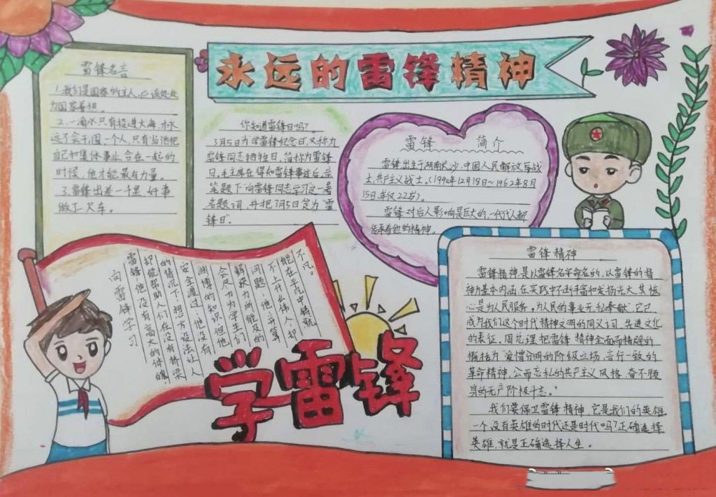 画笔下的雷锋手抄报，心目中的英雄