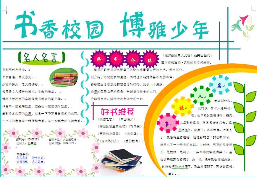 书香校园，博雅少年手抄报