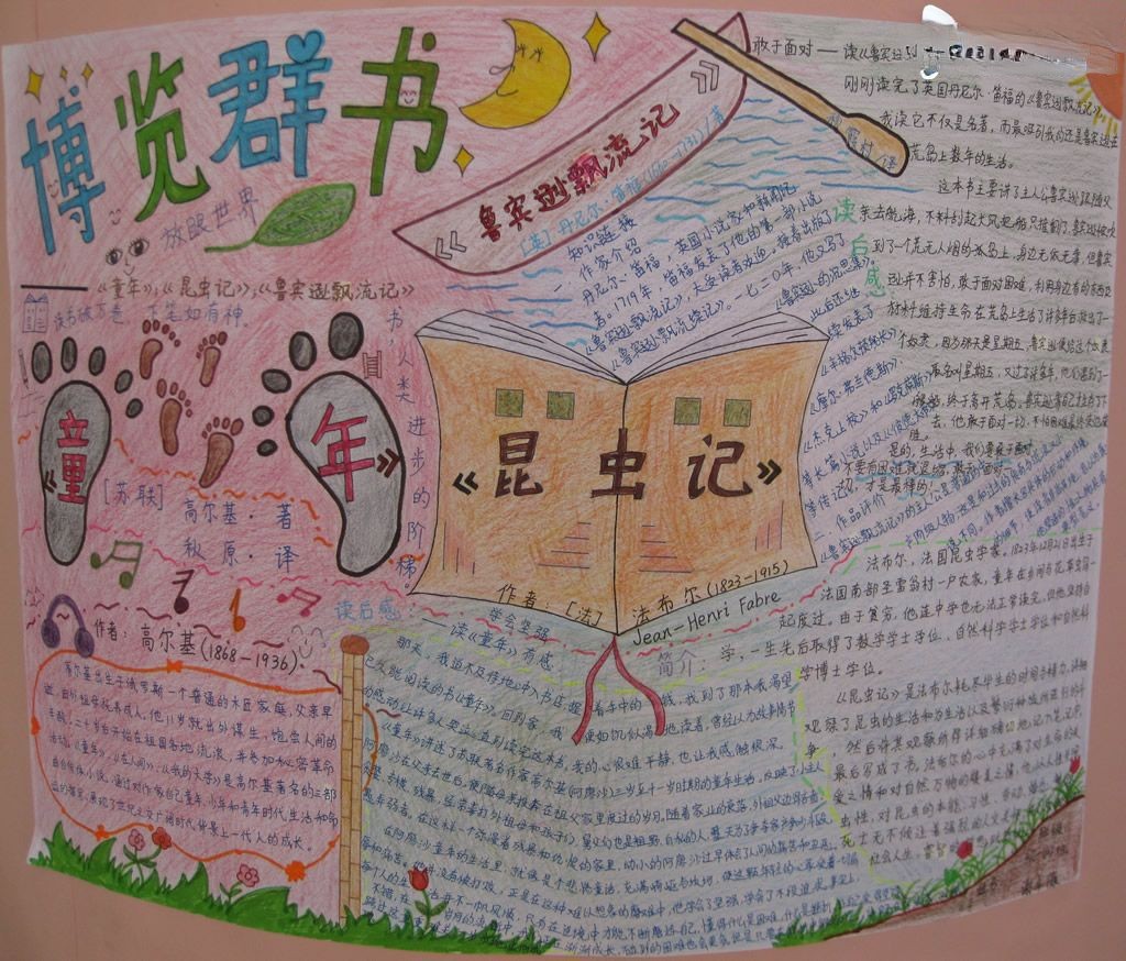 博览群书手抄报-外国名著《童年》《昆虫记》《鲁宾逊漂流记》