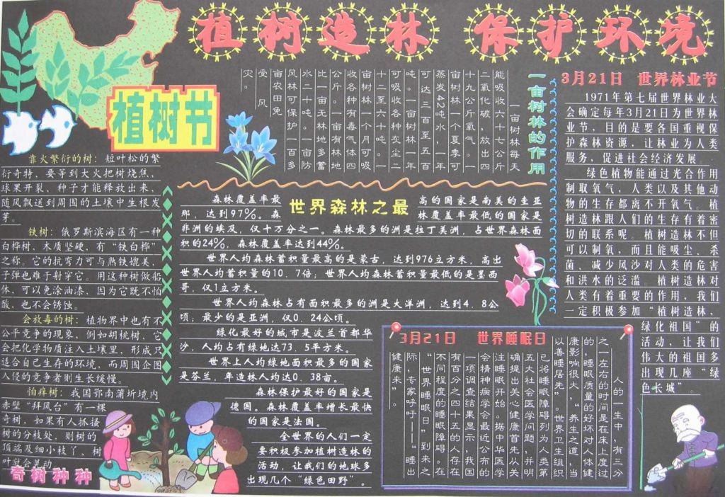 2022.3.12植树节及3.21世界林业节、世界睡眠日黑板报设计