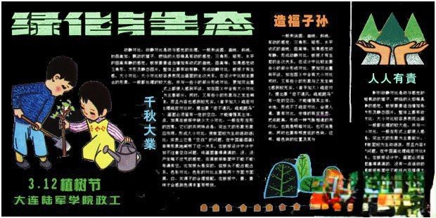 大连陆工学院政工处3.12植树节专题黑板报设计作品欣赏：绿化与生态