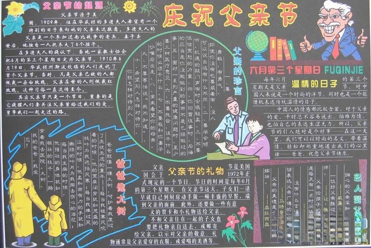 中学生庆祝父亲节黑板报：父亲节的起源、父亲的珍言、父亲节的礼物、爸爸像大...