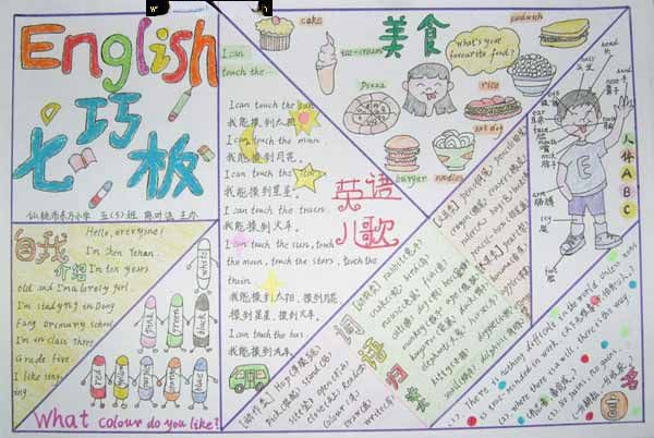 小学生英语手抄报：七巧板/英语儿歌/美食
