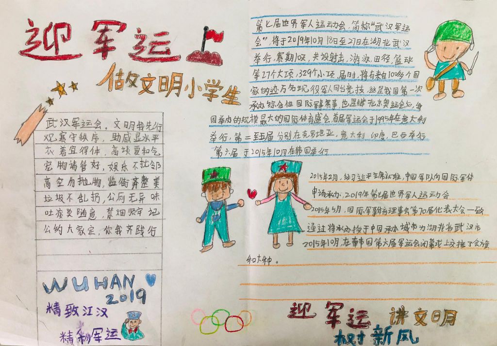武汉军运会手抄报，迎军运做文明小学生