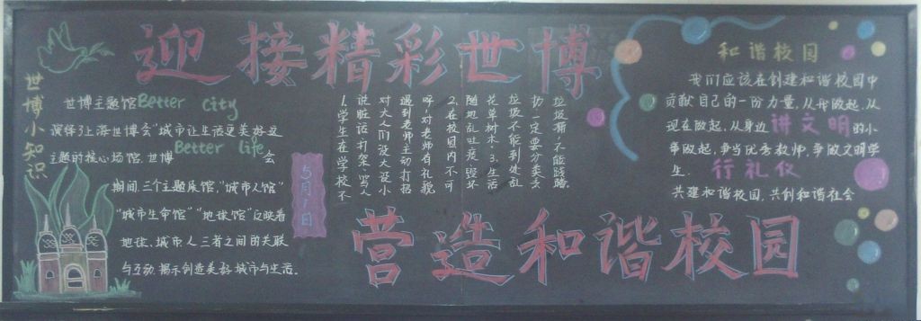 迎接精彩世博 营造和谐校园主题黑板报作品