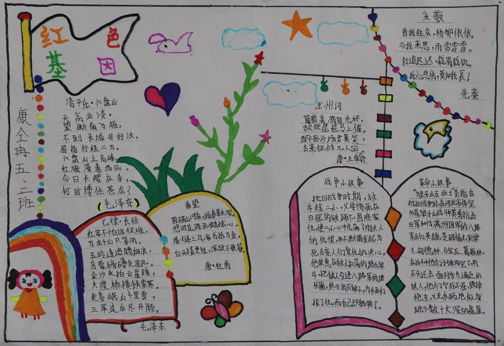 五星红旗迎风飘扬手抄报，传承红色基因
