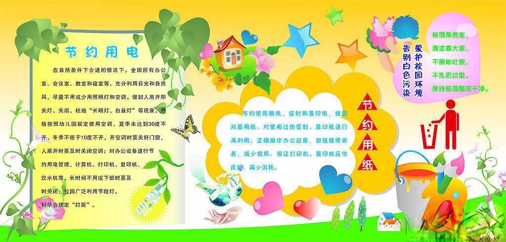 校园节能减排主题电子板报设计：节约用电/用水/告别白色污染 爱护校园环境